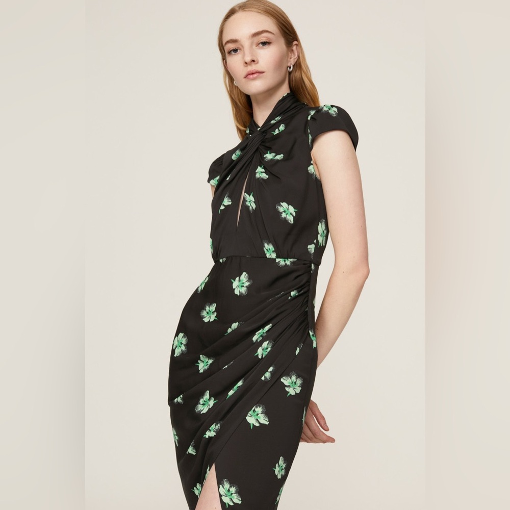Self-Portrait Size 10 Pansy Print Knot Stretch Woven Maxi Dress In Black - Picture 4 of 9